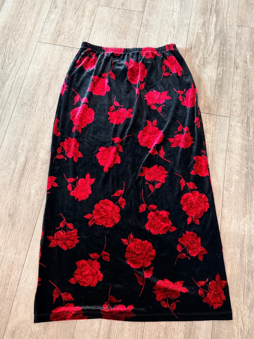 Black Velvet Maxi Skirt with Red Floral Burnout - Womens